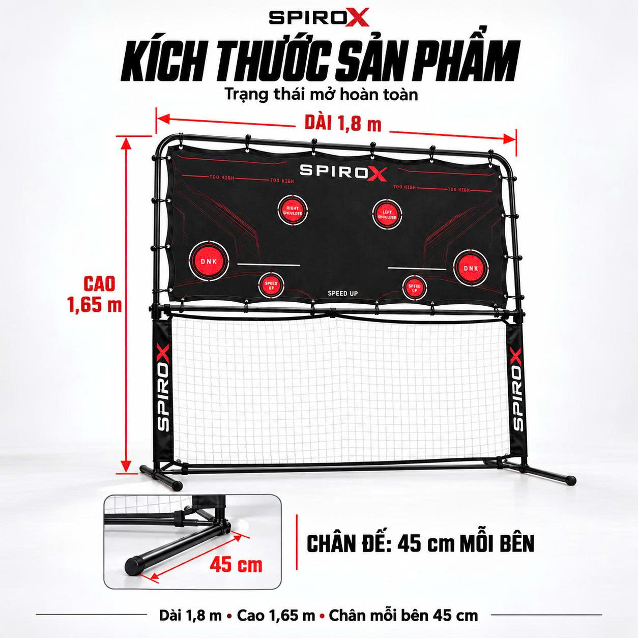 Bộ Khung Lưới Phản Bóng Pickleball SpiroX Chính Hãng - 2in1 - Mặt Lưới Phản Hồi Cao - Khung Hợp Kim Cứng Cáp - Tiện Lợi